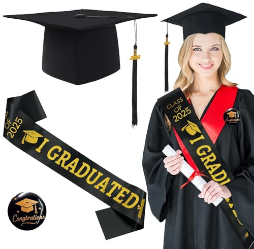 YOUYIKE 3 Stück Bachelor Hut 2025 mit Prüfung Bestanden Schärpe und Abschlussabzeichen, Graduation 2025 Deko Set, Doktorhut für Abschlussfeiern vom Studium, Universität, Hochschule, Bachelor Geschenk