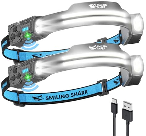 Smiling Shark TS-2 Kopflampe, LED Stirnlampe Aufladbar 2400mAh mit Schwenkbares Dual-Spotlight & Floodlight & Strobe mit Bewegungssensor Hands-Free Design für Camping Joggen Wandern Laufen (2 Pack)