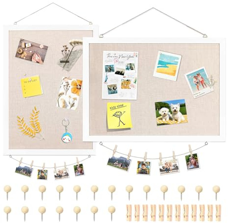 2 Stück Pinnwand Kork mit Leinen Korkwand Pinnwand Klein Pinwand 30x40cm | Pinwand Korktafel mit Weißem Rahmen für Küche, Büro, Schule, Heim, Wand Dekoratives Aufhängen mit 20 Reißzwecken und 12 Clips