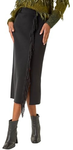 Roman Originals Fringe Side Knit Midi Pencil Skirt for Women UK - Ladies Everyday Autumn Winter Comfy Soft Evening Vacation Work Party Night Out
