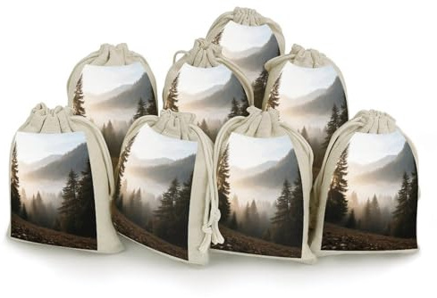 maccbn Lot de 8 sacs en mousseline de coton naturel réutilisables avec cordon de serrage - Sacs cadeaux vides - Motif forêt alpine - Pour thé, bijoux, mariage, fête, cadeaux de vacances, 12,7 x 17,8