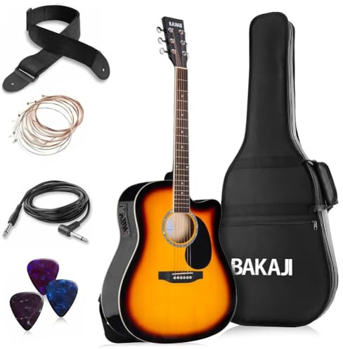 BAKAJI Guitarra electroacústica de 41 pulgadas con funda, kit de repuesto de cuerdas, púas, cable para amplificador y correa, guitarra folk con forma de cutaway para adultos y principiantes (Sunburst)
