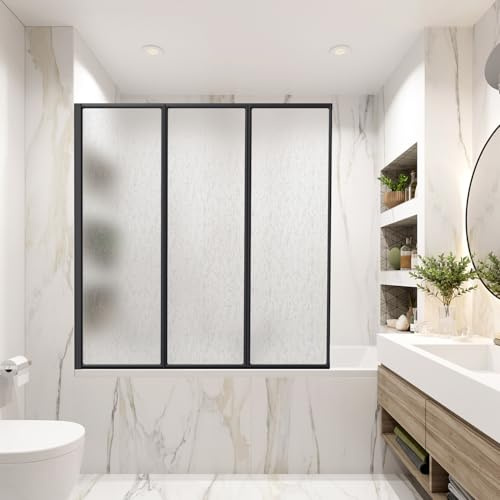 Vkechh Paroi de baignoire 120×140 cm, 3 volets pliables en plastique PS incassable, paroi de douche avec cadre en aluminium noir, accessoires de baignoire avec structure de gouttes comme protection