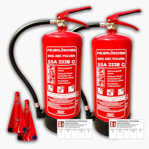 2 Pulver Feuerlöscher 6kg | Geeignet für die Brandklassen ABC | 55A 233B C | 15 Löscheinheiten (LE) | Gemäß DIN EN 3-7 | mit Wandhalterung