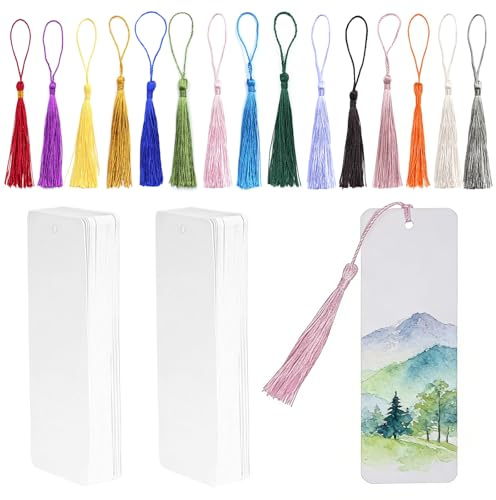 90 Stück 14 x 4,9 CM Blanko Buchseitenhalter Bookmark Lesezubehör | Buch Accessoires mit Loch Quasten für DIY Handwerk Projekte Notizbuch Geschenkanhänger (Weiß)