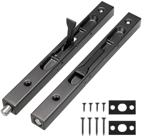 2 Pack 20 cm Black Stainless Steel Flush Bolts for Double Doors | Internal Door Latches With Three-Hole Plates, French Door Hardware