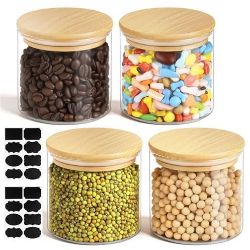 AOOTE Bocaux Rangement en Verre Hermétique, 4PCS 350ml Bocaux en Verre, Pot de Rangement Cuisine avec Couvercleet et 2 Étiquettes, Bocauxs en Verre pour Cornflakes, Haricots, Spaghetti