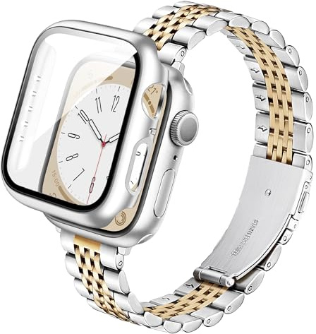 Vamyzji Edelstahl Apple Watch Armband mit Gehäuse für iwatch Armband SE/SE 2/SE 3, Serie 6 5 4 40mm 44mm,Elegant Metall Apple Watch Band mit Schutzhülle Hülle für iWatch 40mm 44mm Damen Herren