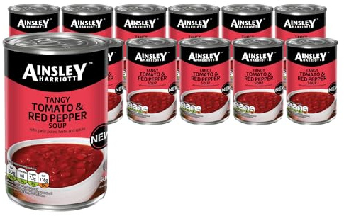 Ainsley Harriott Tomato & Red Pepper Soup (12 x 400g) – Smooth & Rich Vegetable Soup, Ready-to-Eat, Low Fat, Convenient Pantry Multipack