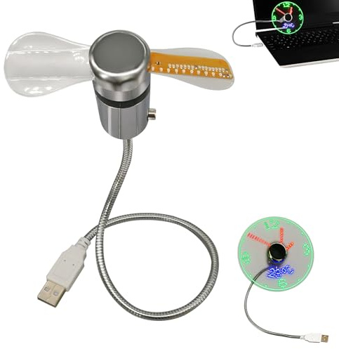 Miepkvl USB Uhr Ventilator mit Zeit & Temperaturanzeige, DC 5V LED Uhr Fan Leise Tragbarer Mini LED Lüfter mit Flexibles Schwanenhals für Laptop, PC & Notebook (1 STK)