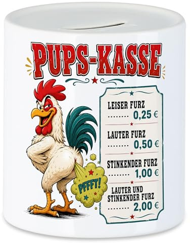 Lustige Spardose Pups-Kasse Huhn Motiv Sparschwein Witziges Geldgeschenk für Männer, Humor Freunde, Geschenkidee Geburtstag, Männergeschenk