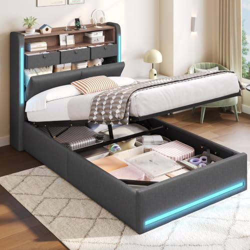 AOGLLATI single ottoman bed with storage and led lights,90x190 CM,Dark Grey