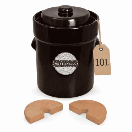 MS-Steinzeug Gärtopf 10 L, Braun, Sauerkrauttopf mit Beschwerungssteinen | Fermentiertopf aus Steinzeug mit Deckel - mit Rezepten für Sauerkraut, Gurken & Bohnen - ohne Chemie, natürlich fermentieren