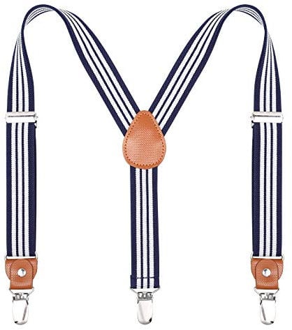 Kinder Herren Hosenträger Breit Elastisch - Längenverstellbar Y-Form mit Starken 3er Clips Hosenträger Gürtel für Damen Baby, 80cm - 85cm ( 8 yrs - 5 Fuß hoch), Marine und Weiße Streifen