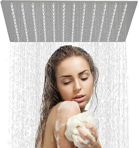 Rozin Regendusche Duschkopf 12 Zoll(30 cm) Quadratischer Ultradünne Edelstahl Hochdruck Kopfbrause Regendusche mit Anti-Kalk-Düsen,Druckverstärkendes Design G1/2 Regendusche Kopf