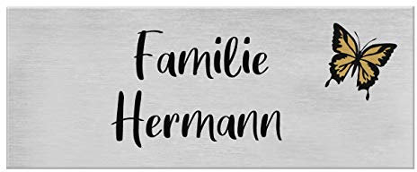 9 Motive, farbige Laserbeschriftung, UV- und witterungsbeständig - Edelstahl Briefkastenschild mit Gravur - Namensschild selbstklebend (3M) - Türschild personalisiert mit Namen - Schmetterling