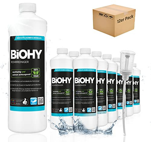 BiOHY Rohrreiniger (12 x 1 Liter) + Dosierer | EXTRA STARK | flüssiger Abflussreiniger | Profi Mittel für Verstopfungen in Küche, Dusche & Toilette | entfernt Haare & Gerüche effektiv