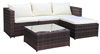 EVRE Malaga Rattan Garden Outdoor Furniture Wicker Set 4 Seat Corner Sofa Couch Footstool Glass Top Table with Cushions for Patios Conservatories Gardens (Brown)