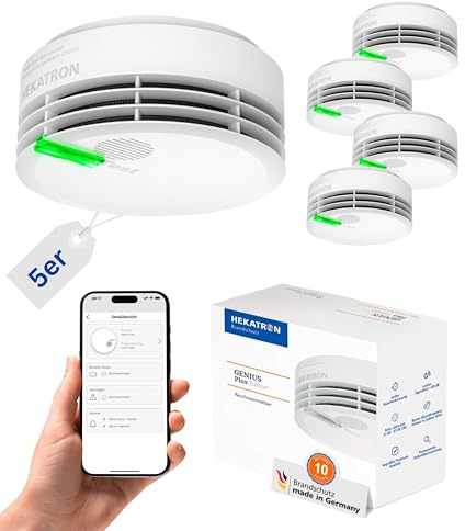 Hekatron Genius Plus – Rauchmelder 10 Jahre Batterie – 5 Stück | Testsieger Stiftung Warentest – made in Germany – inkl. 5x Klebepad – App-unterstützt – Feuermelder – mehrsprachig