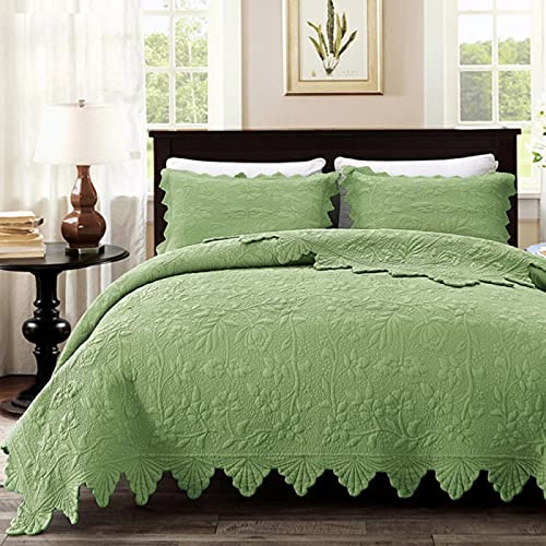 SetSailW Tagesdecke Patchworkdecke Bettüberwurf Steppdecke 100% Baumwolle Wendedesign Geprägte Gestickte, mit 2 Kissenbezug Einzelbett Doppelbett,Green