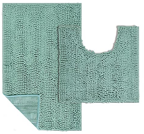 WAITER TREE Badematten Set Aqua Badteppiche rutschfeste 50x80cm U-förmige Kontur WC Teppich 50x50cm Badteppich Hochwertige Mikrofaser Chenille Teppich Weicher Waschbar Badteppich