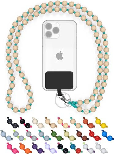 DROPLETSY Holzperlen Handykette universal, handgefertigt, Schlüsselband, Kette, Necklace zum Umhängen - kompatibel mit Allen Smartphones: Apple iPhone, Samsung Galaxy (ohne Hülle, Mint Beach)