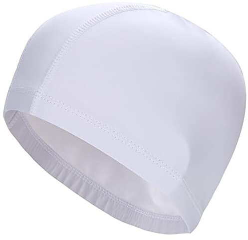 Tela elástica impermeable de la PU protege las orejas de pelo largo deportes natación sombrero de piscina tamaño libre para hombres y mujeres Color sólido OneSize blanco
