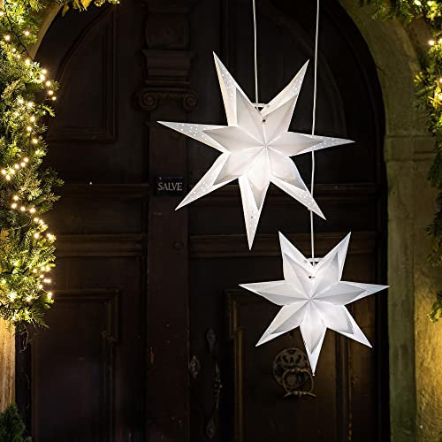 HELLUM Weihnachtsstern Außen und Innen, Stern Papierstern zum aufhängen mit E14 Lampenfassung, weiß Stern Weihnachtsdeko Fenster mit 10m Netzkabel mit Schalter, Weihnachtsbeleuchtung außen, 578713