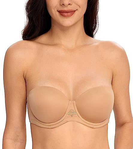 DotVol Damen Trägerloser BH Rückenfrei Ohne Träger Push Up Büstenhalter mit Geformte Cups für Abendkleider Ballkleider Brautkleider(85C,Pekannuss)