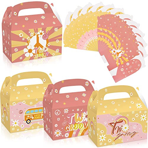 MIKIMIQI 12 PCS Groovy Boho Rainbow Hippie Party Decorations Boxes - Retro Daisy Party Gift Bags for Girls 2nd Birthday