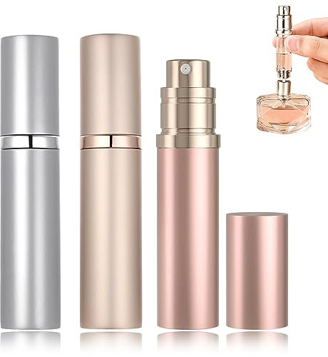 POTWPOT Atomizer Perfume Spray Bottle for Travel, 3 Pack Leakproof Perfume Travel Spray Bottle Refillable Perfume Atomizer Travel Suitable Purse Pocket or Luggage (Golden & Pink & Silver) (POTXX20)