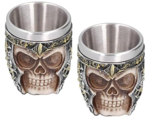 Verre Tete de Mort, 2pcs Tête de Mort Gobelet à vin, Verre Halloween, Verre Crane, Horrible Résine Acier Inoxydable Crâne Gothique Verres à Cocktail Whisky Coupe pour La Maison Halloween Party
