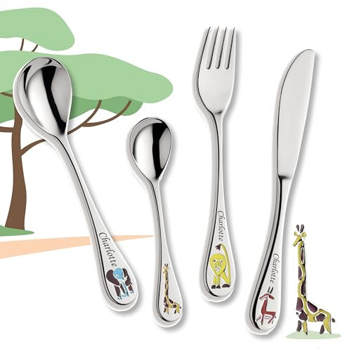 Koru Kids® Safari Cubertería infantil con grabado – 4 piezas – Apto para lavavajillas – Cubertería infantil con nombre grabado – Regalos personalizados para bebé – Regalos de bautizo para niñas y