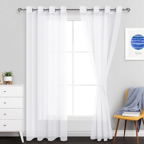 JIUZHEN Voile Vorhang Gardinen Transparente Schals für Wohnzimmer Schlafzimmer, 2er Set, 225x140cm(HxB), Weiß