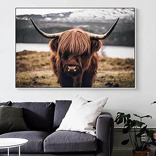 LXTOPN Hochlandrind Bild Leinwanddrucke,Nordic Highland Cow Bilder Druck auf Leinwand Schottisches Hochland kuh Gemälde,Modern Hochlandrind Wandbilder Poster Wohnzimmer Deko,Kein Rahme. (80x120cm)
