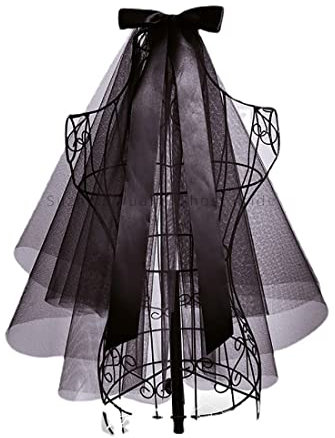 JUSTUSNX Kurzer schwarzer Hochzeitsschleier, 2-stöckig, Gothic-Brautschleier, Halloween, Party, Schleifenschleier mit Kamm, Cosplay-Zubehör für Frauen und Mädchen