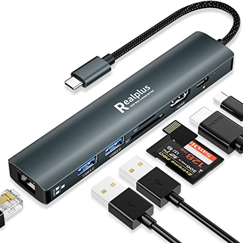RealPlus Hub USB C 7 en 1, Adaptateur USB C 4K HDMI, 1Gbps Ethernet RJ45, Charge 100W PD, 2 USB A 5Gbps, Lecteur de Cartes MicroSD/TF, Station d'accueil USB C pour MacBook Air M2, Windows, Switch