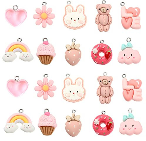 UR URLIFEHALL 30 pièces 10 styles rose thème résine charmes gâteau fraise lapin coeur fleur charmes pour bijoux artisanat faites-le vous-même décoration 30pcs 16 532 5x16 525 5x613 5mm rose charmes
