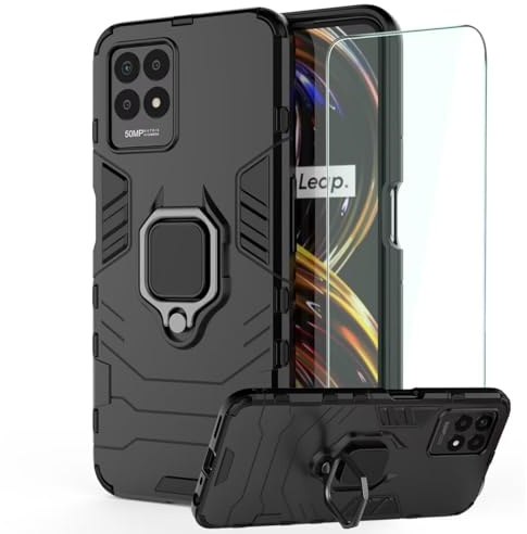 DERHAN Hülle für Realme Narzo 50 4G / Realme 8i 5G mit Ring Halter, Handyhülle mit Ständer + Schutzfilm, Panzerhülle Handy Hüllen Handytasche Staubschutzhülle Stoßfest Schutzhülle - Schwarz