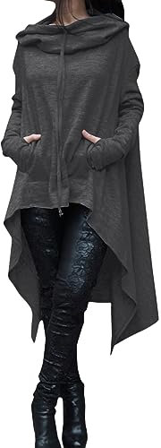 CGGMVCG Damen Hoodies Hi Low Hem Cowl Neck Sweatshirt Langarm Kapuze Gothic Cloak Casual Kordelzug Pullover Tunika Tops, Dunkelgrau, 4XL