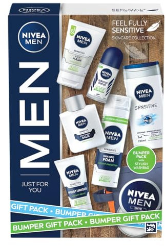 NIVEA MEN Feel Fully Sensitive Skincare Collection Bumper Gift Pack, with Shower Gel, Anti-Perspirant, Face Wash, Shaving Foam, Post Shave Balm and Moisturisers