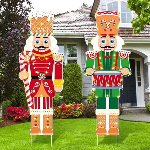 2 Pcs Led Lighted Nutcracker Christmas Outdoor Yard Stake Sign 39 Inch Large Nutcracker Yard Stakes Christmas Yard Decorations Soldier Garden Lawn Stakes for Xmas Winter Pathway Walkway (Nutcracker)