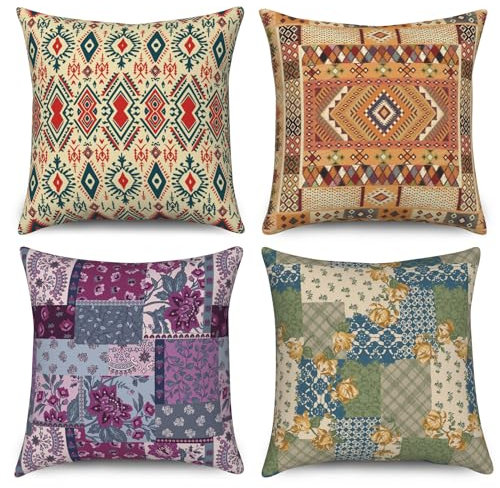 ASDCXZ Boho Kissenbezug 40x40 cm 4er Set, Vintage Boho Geometrie Muster Beige Lila Grün Sofa Dekokissen Kissenbezüge Kissenhülle Waschbar Polyester Flachs Textil Outdoor Kopfkissenbezug Kissen Bezug