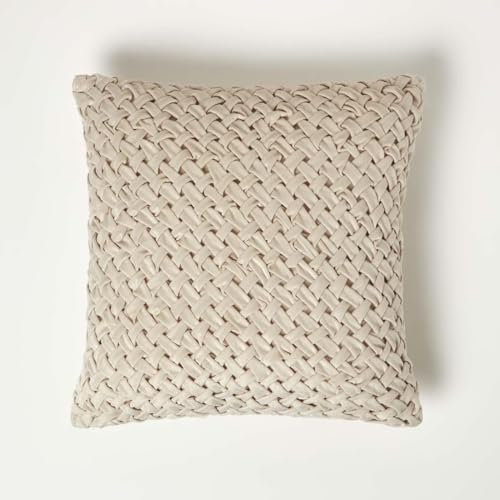 Homescapes Sofia Samt-Kissen geflochten cremeweiß, Dekokissen 45x45 cm, Flechtoptik Zierkissen grau mit Füllung