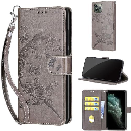 for iPhone 11 Pro Case 5.8 Inch, Embossed Premium PU Leather Folio Flip Notebook Wallet Cover Compatible with iPhone 11 Pro Phone Case [Magnet Closure][Kickstand][Card Slots], Gray Flower
