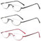 MMOWW 3 Pack Half Moon Reading Glasses for Men Women Slim Metal Half Frame Readers Semi Rimless Eyewear with Spring Hinge (Black+Red+Gray, +1.5)