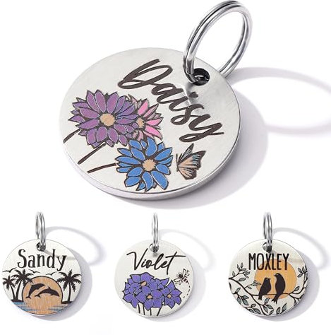 Nicovang Farbige Hundemarke mit Gravur, Personalisierte Hundemarke aus Edelstahl, Gravierte Hundeanhnger mit Name, Tiermarke fr Hunde und Katzen, Hund Namensschilder fr Halsband (Gnseblmchen)