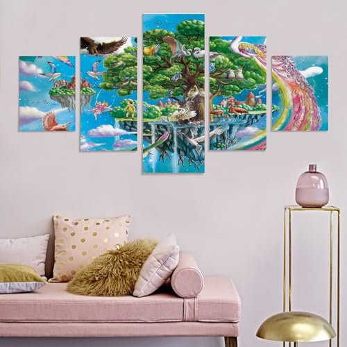 XJmoney Castle In The Sky Leinwand-HD-Drucke, Bilder, Wandkunst, Malerei, 5 Panel, Heimdekoration, modulares Poster für Wohnzimmer, 50 B x 26 H