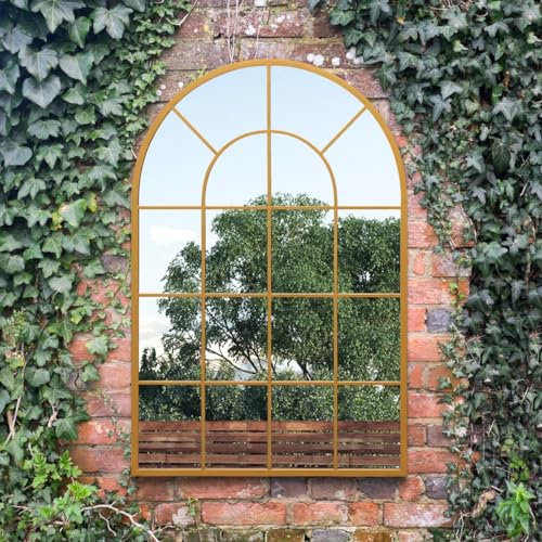 The Arcus - Gold Framed Arched Window Garden Mirror 47x31 120x80CM. Suitable for Outside and Inside!