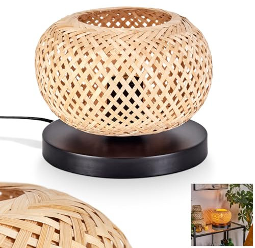 Tischleuchte Bauro, moderne Boho Tischlampe aus Metall/Bambus in Schwarz/Natur, Nachttischlampe mit Schirm in Gitter-Optik (Ø 20cm), An-/Ausschalter am Kabel und Lichteffekt, 1x E27, ohne Leuchtmittel